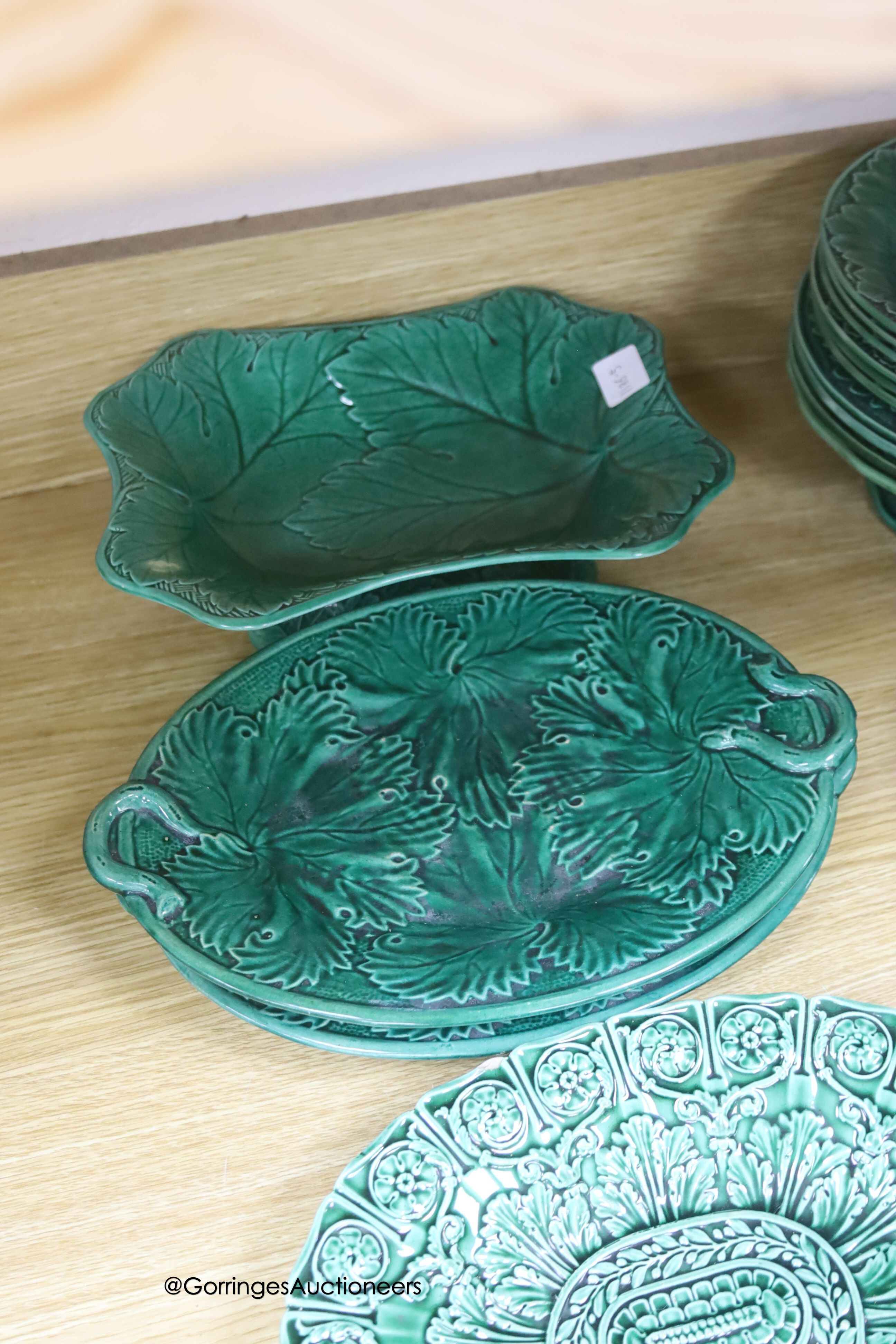 A quantity of 19th/20th century green glazed cabbage wares including Wedgwood